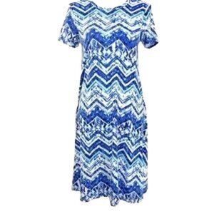 LulaRoe Blue and White Zig-Zag Chevron Batik Print Comfortable Swing Dress. XXS